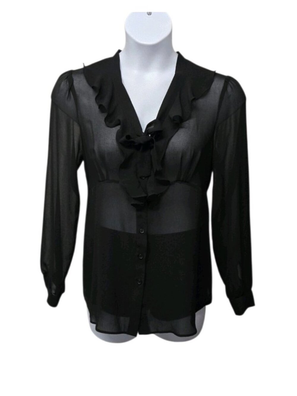 WD NY Sheer Ruffled Button Up Tie Neck Top Size 10 Black Whimsigoth Dark Fairy